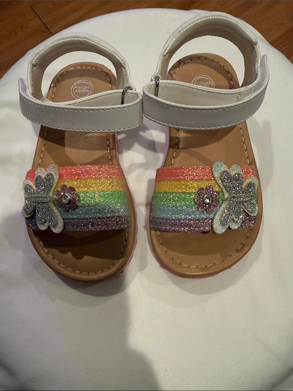 Kids White Sandals with Rainbow Glitter Straps and Butterfly Accent